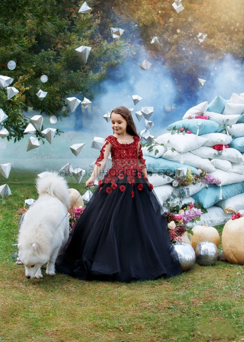 Burgundy Lace Black Tulle V Back Popular Flower Girl Dress Burgundy Lace Black Tulle V Back Popular Flower Girl Dress
