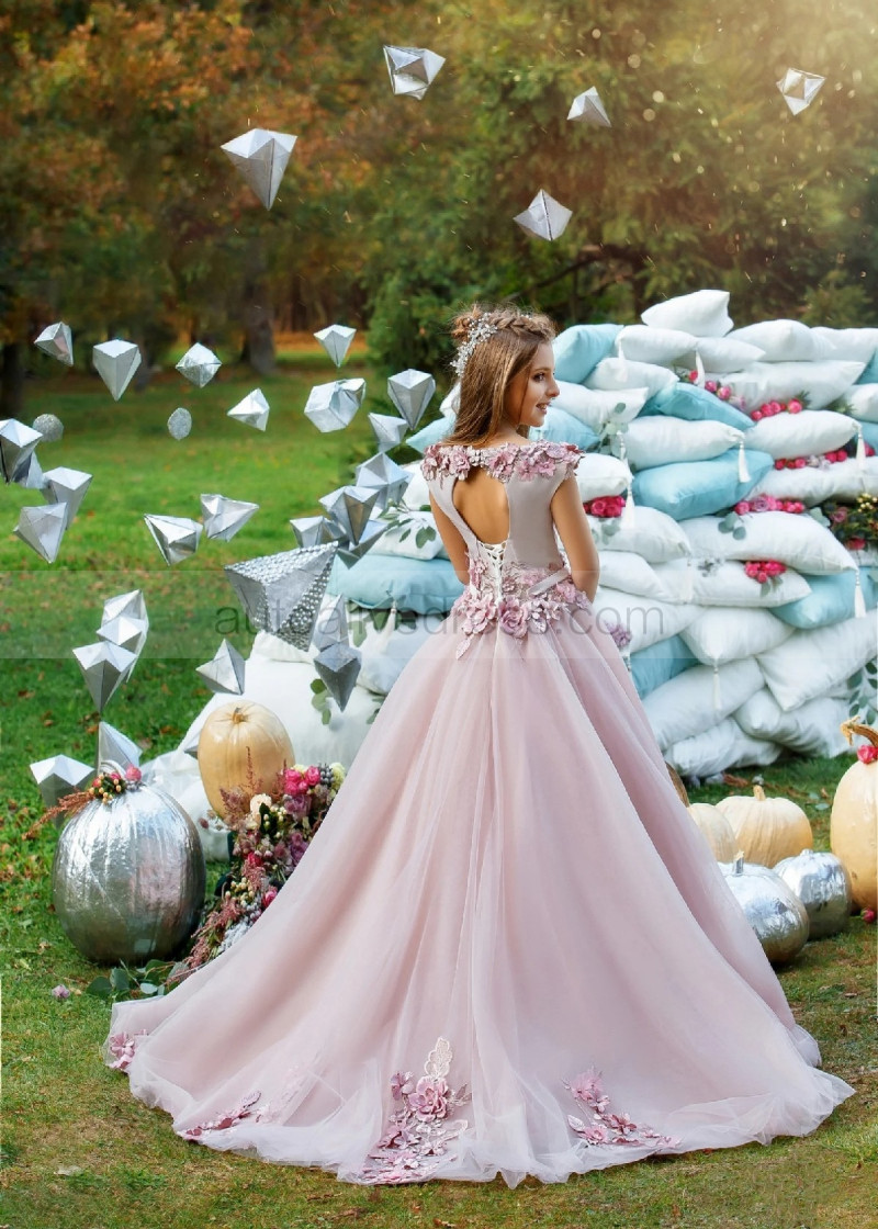 A-line Mauve Pink Lace Tulle Pearl Beaded Flower Girl Dress Party Dress