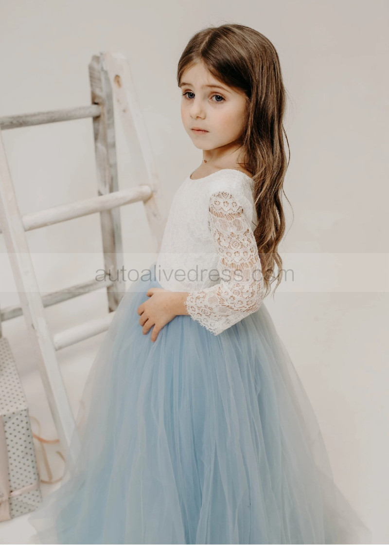 A-line Ivory Lace Dusty Blue Tulle Gorgeous Flower Girl Dress