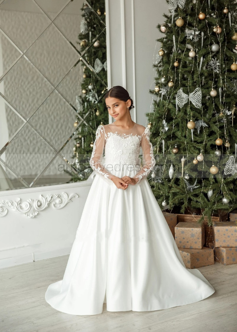 A-line Ivory Lace Satin Flower Girl Dress With Sweep Train