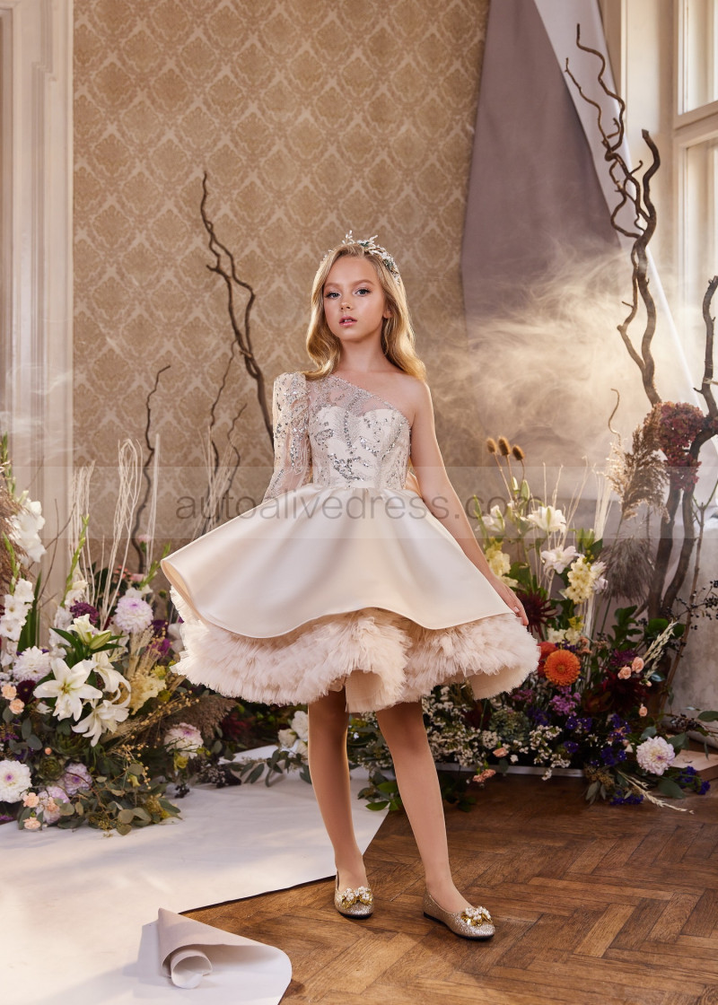 Tutu One Shoulder Beaded Champagne Lace Satin Flower Girl Dress