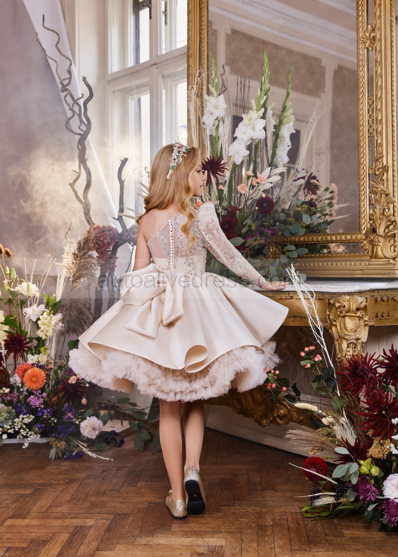 Tutu One Shoulder Beaded Champagne Lace Satin Flower Girl Dress