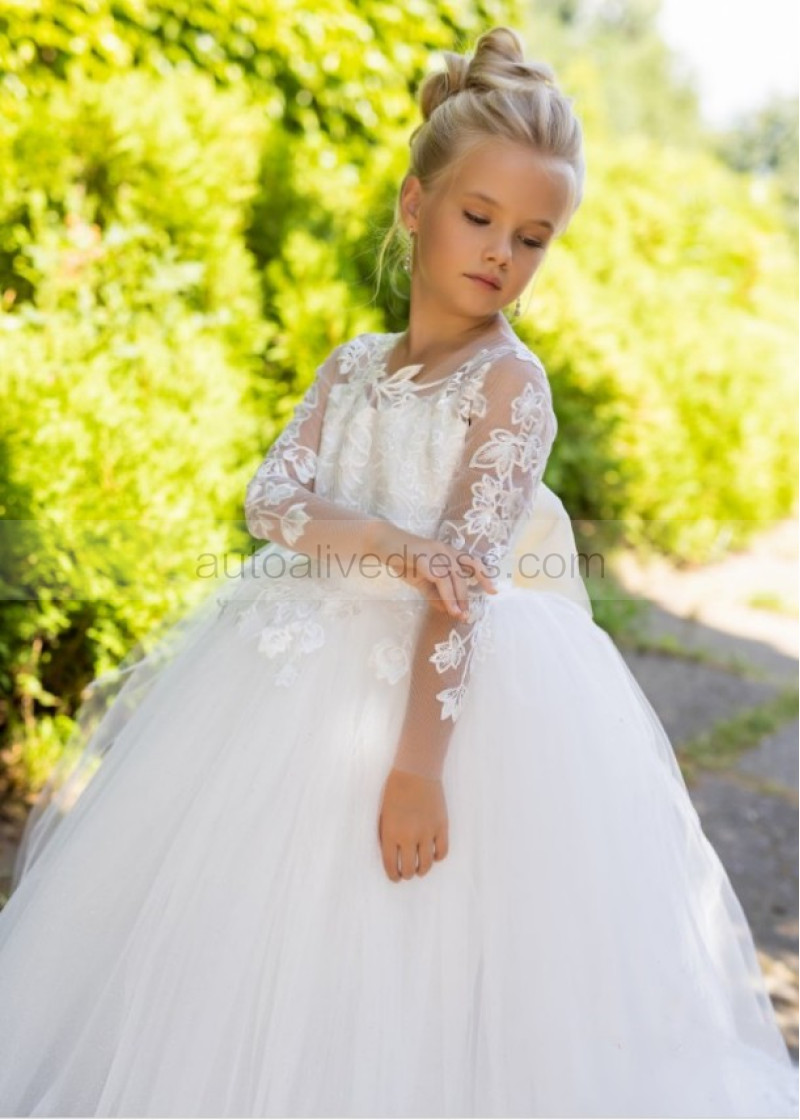 A-line Ivory Lace Tulle Flower Girl Dress With Removable Train A-line Ivory Lace Tulle Flower Girl Dress With Removable Train