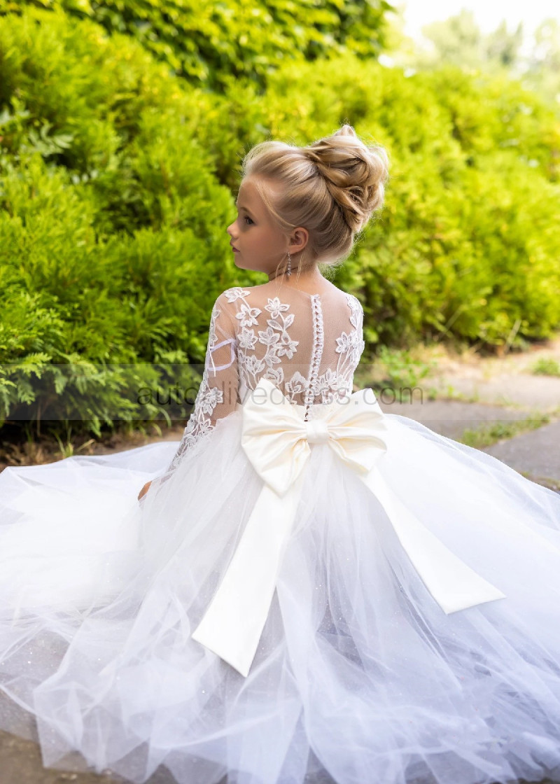 A-line Ivory Lace Tulle Flower Girl Dress With Removable Train A-line Ivory Lace Tulle Flower Girl Dress With Removable Train