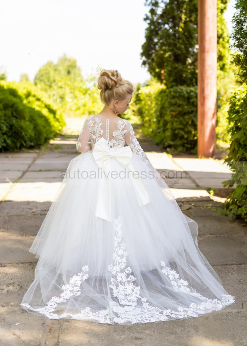 A-line Ivory Lace Tulle Flower Girl Dress With Removable Train A-line Ivory Lace Tulle Flower Girl Dress With Removable Train