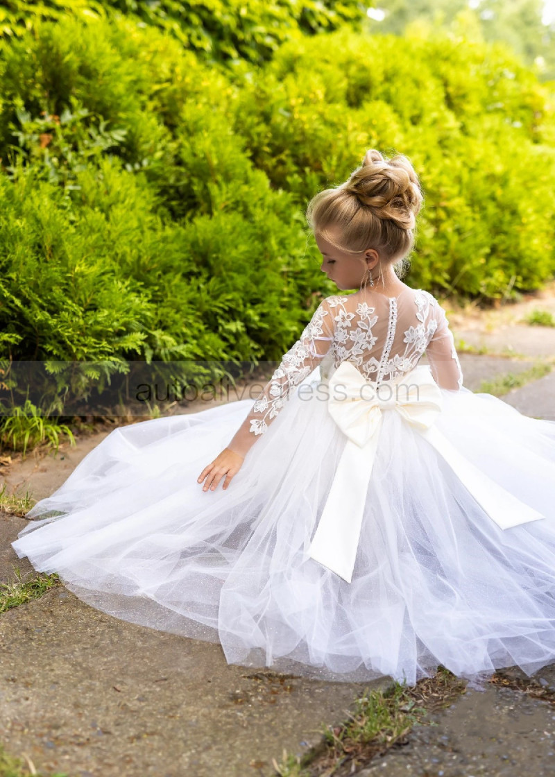 A-line Ivory Lace Tulle Flower Girl Dress With Removable Train A-line Ivory Lace Tulle Flower Girl Dress With Removable Train