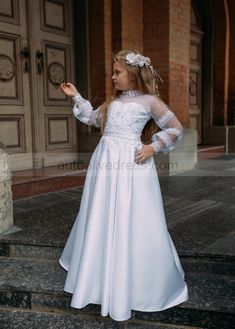 A-line White Satin Lace Pearl Beaded Flower Girl Dress A-line White Satin Lace Pearl Beaded Flower Girl Dress