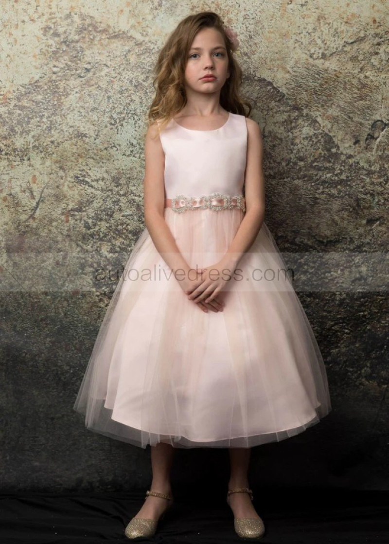 A-line Satin Tulle Flower Girl Dress With Rhinestone Belt A-line Satin Tulle Flower Girl Dress With Rhinestone Belt