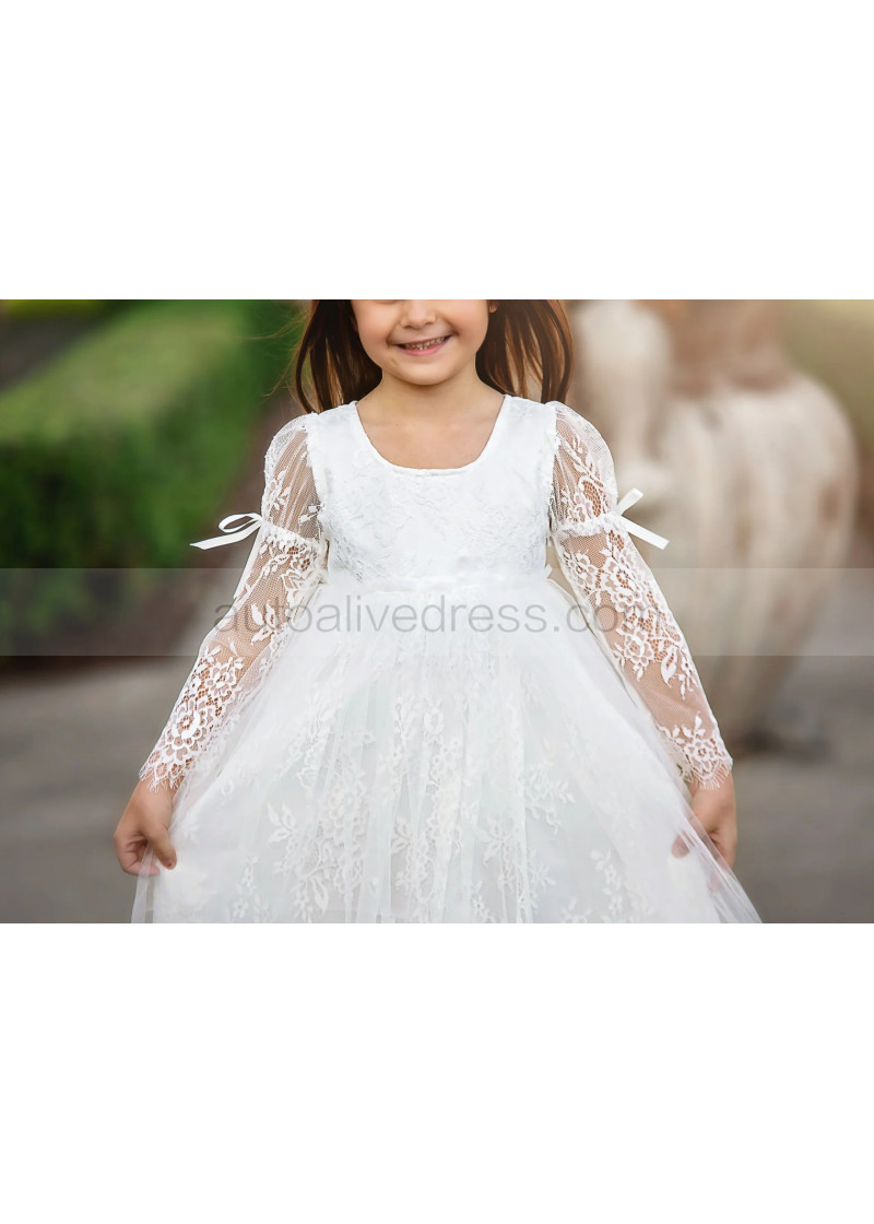 A-line Long Sleeves White Eyelash Lace Tulle Vintage Flower Girl Dress