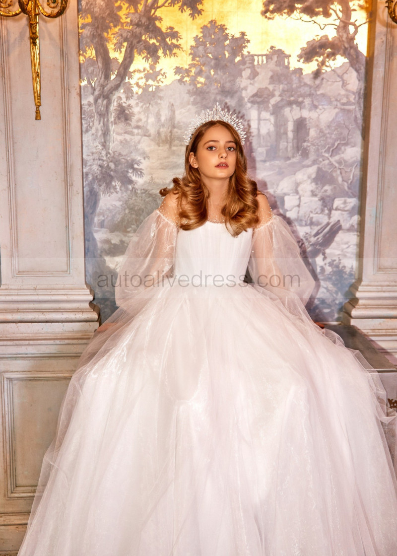 A-line Beaded White Organza Keyhole Back Fairy Flower Girl Dress