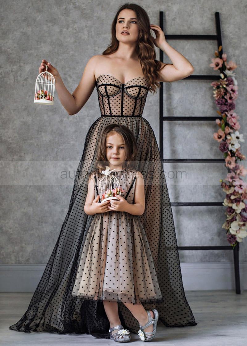 A-line Black Polka Dots Tulle Classic Flower Girl Dress