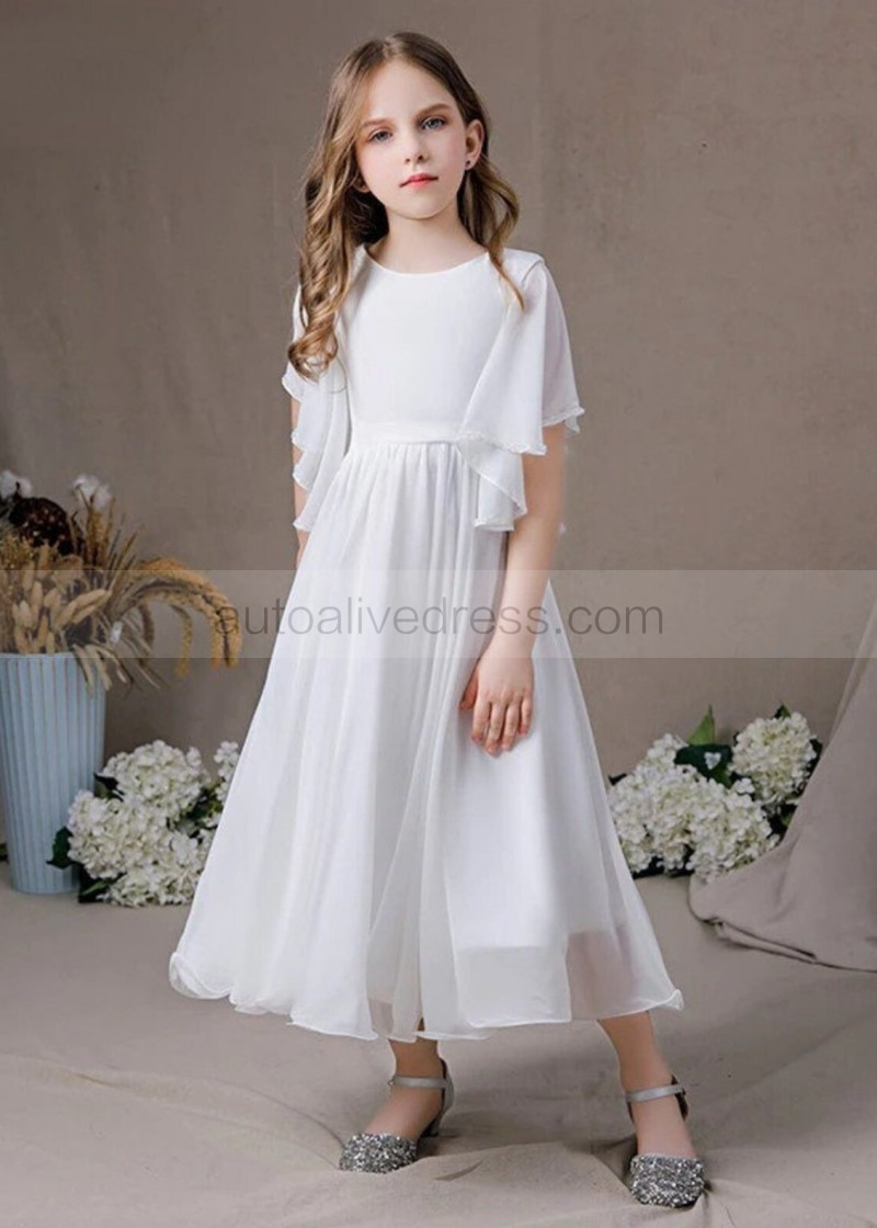 A-line Beaded Flutter Sleeves White Chiffon Flower Girl Dress