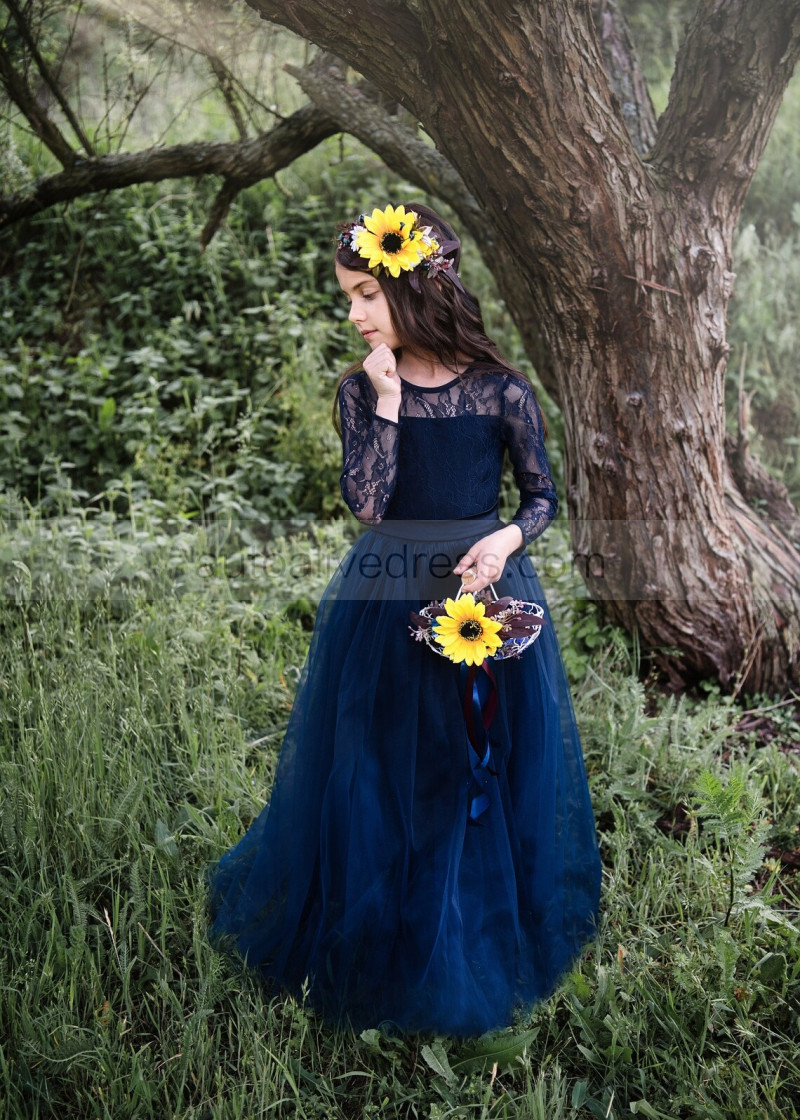 blue dress for baby girl Navy Blue A-line Flower Girl Dress with Lace and Bow Accents – Mia Princess