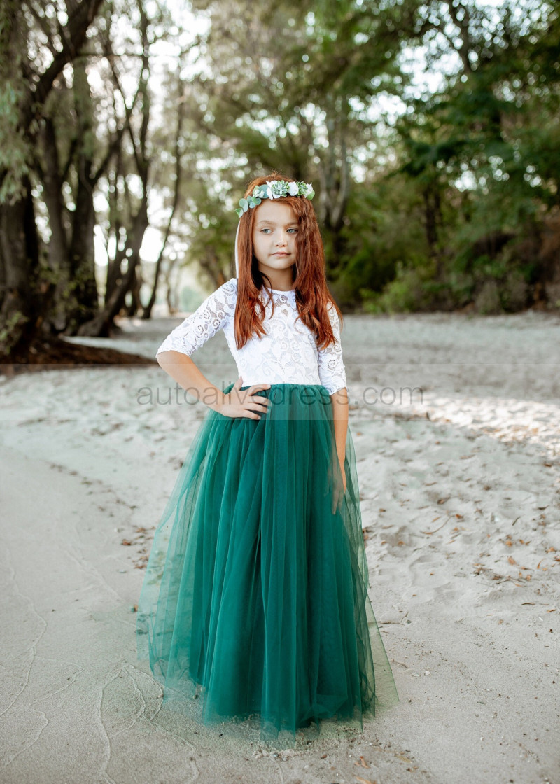 Ivory Lace Emerald Green Tulle Keyhole Back Flower Girl Dress Ivory Lace Emerald Green Tulle Keyhole Back Flower Girl Dress