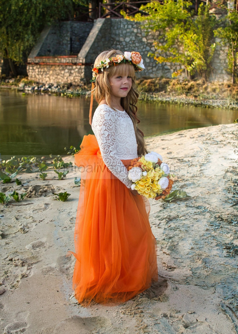 A-line Ivory Lace Burnt Orange Tulle Fall Flower Girl Dress A-line Ivory Lace Burnt Orange Tulle Fall Flower Girl Dress