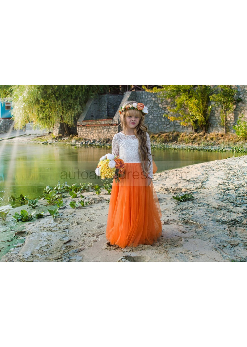 open lace back dress Burnt Orange Velvet and Tulle Flower Girl Dress for Fall Wedding 14 / Dress Only (No Sash)