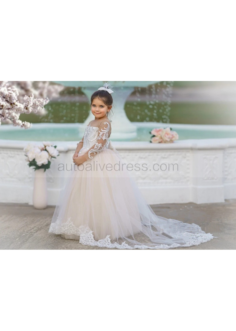 chinese dress ladies Half Sleeves Floor Length Champagne Tulle Flower Girl Dresses With Lac