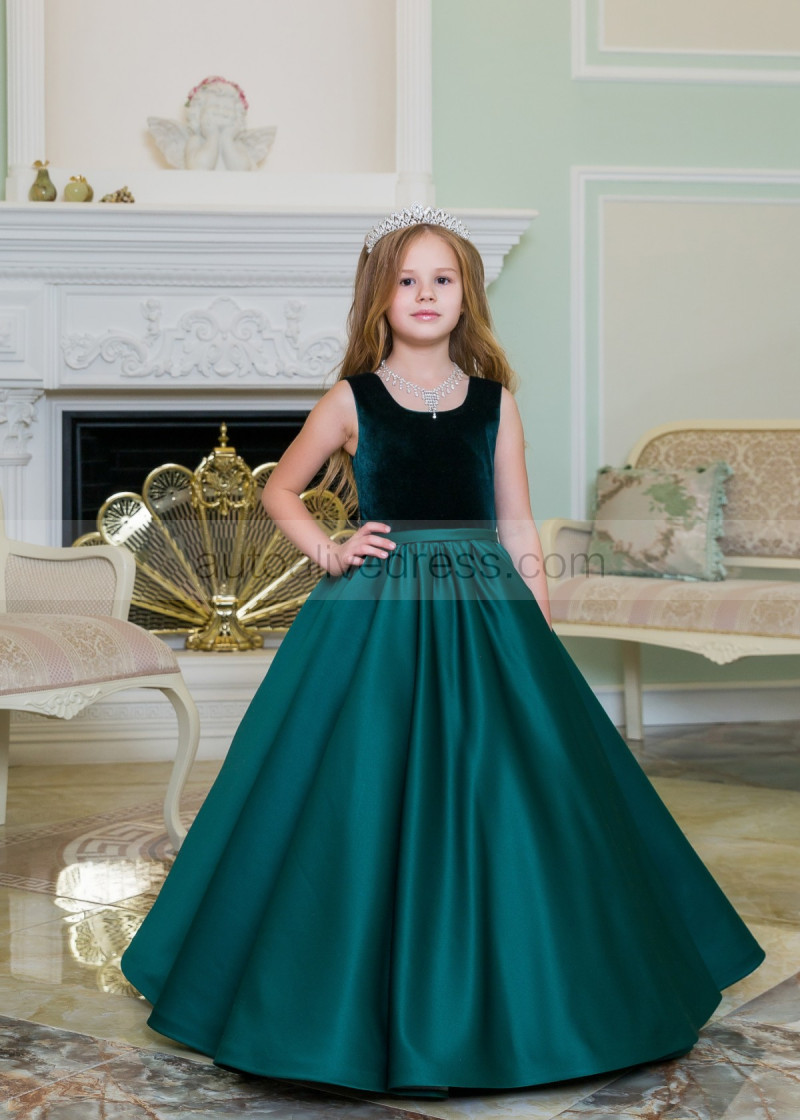 sachin and babi light blue dress Ball Gown Scoop Neck Green Velvet Satin Elegant Flower Girl Dress