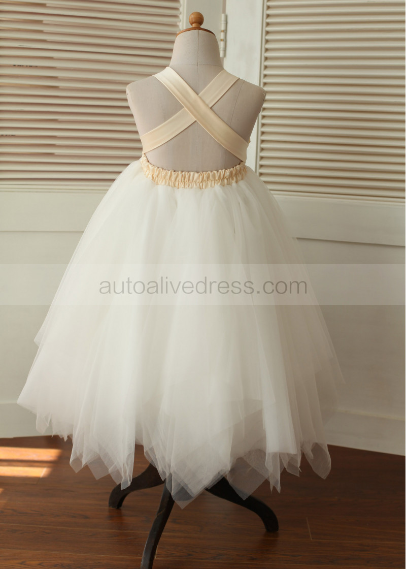 Tutu Champagne Flowers Ivory Tulle Handkerchief Hem Lovely Flower Girl Dress