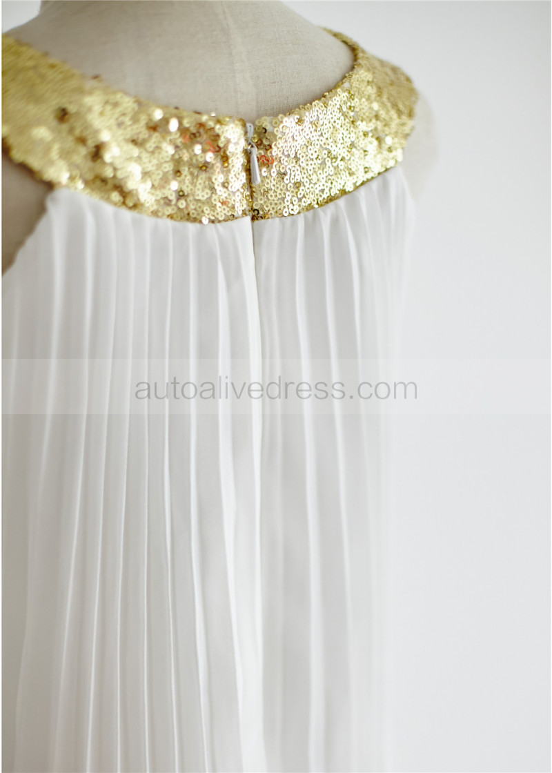Straight Gold Sequin Collar Ivory Pleated Chiffon Tea Length Flower Girl Dress Straight Gold Sequin Collar Ivory Pleated Chiffon Tea Length Flower Girl Dress