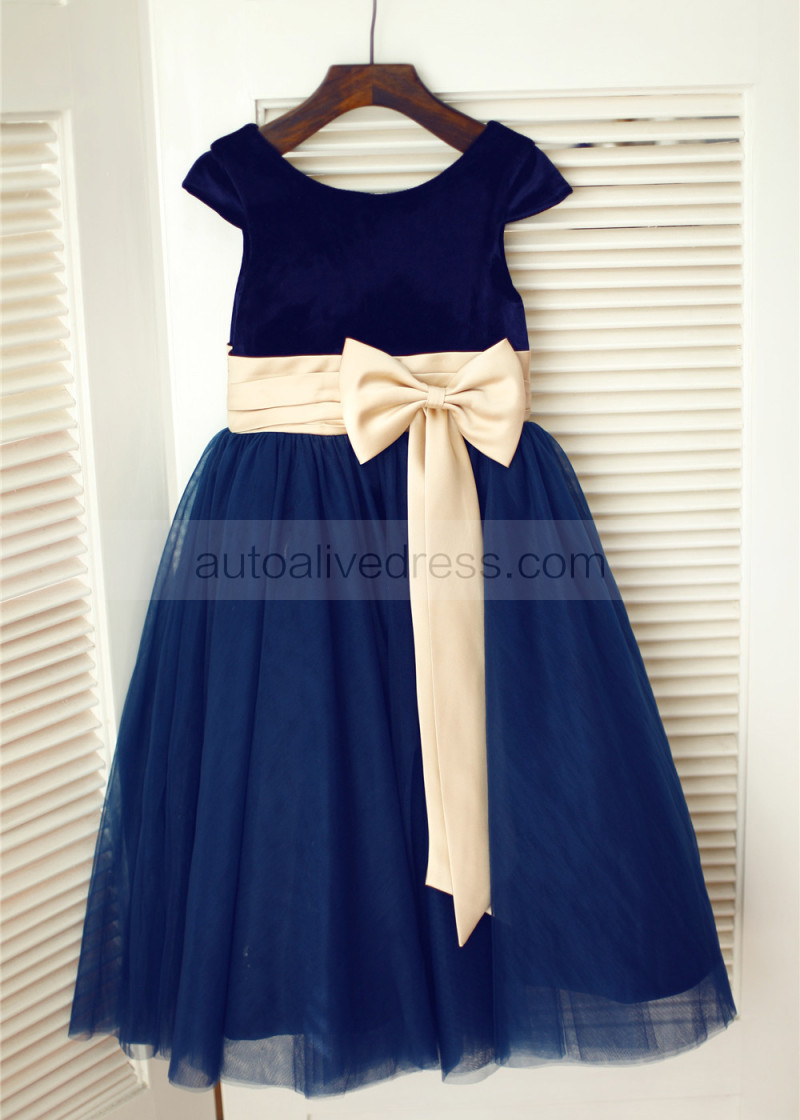 A Line V Neck Ivory Lace Chiffon Wedding Dress With Back Decorated Navy Blue Velvet Tulle Tea Length Flower Dress