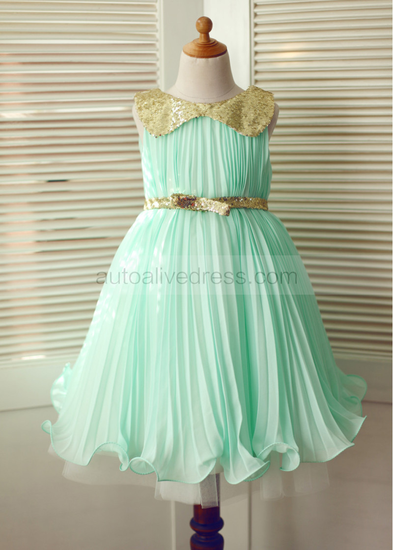 Straight Peter Pan Gold Sequin Collar Mint Green Pleated Chiffon Flower Girl Dress Straight Peter Pan Gold Sequin Collar Mint Green Pleated Chiffon Flower Girl Dress