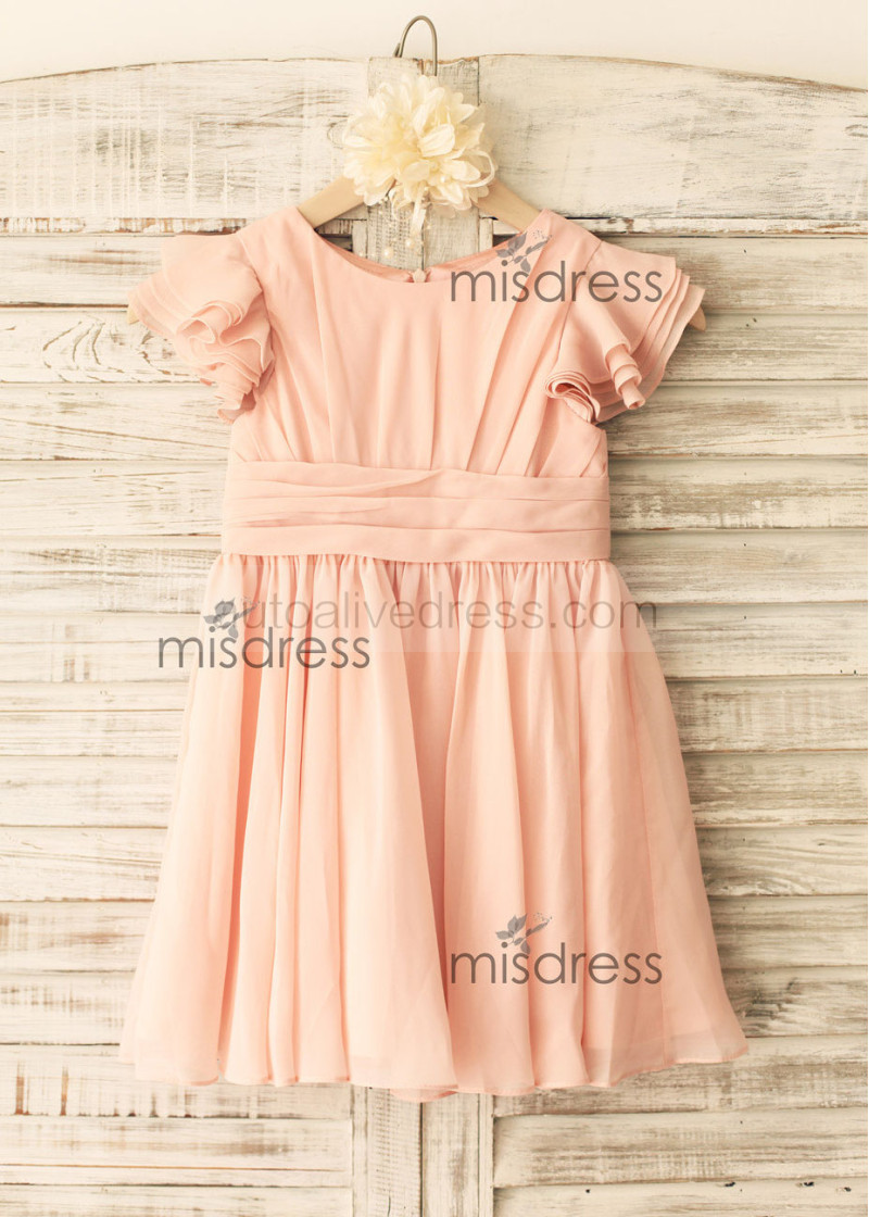 A-line Short Sleeves Pink Chiffon Knee Length Flower Girl Dress