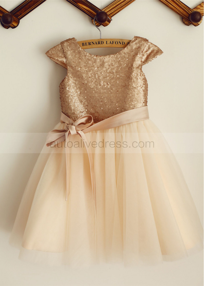 A-line Champagne Sequin Tulle Flower Girl Dress With Sash
