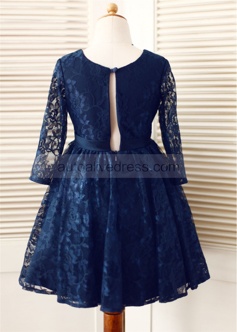 A-line Long Sleeves Navy Blue Lace Slit Back Unique Flower Girl Dress A-line Long Sleeves Navy Blue Lace Slit Back Unique Flower Girl Dress