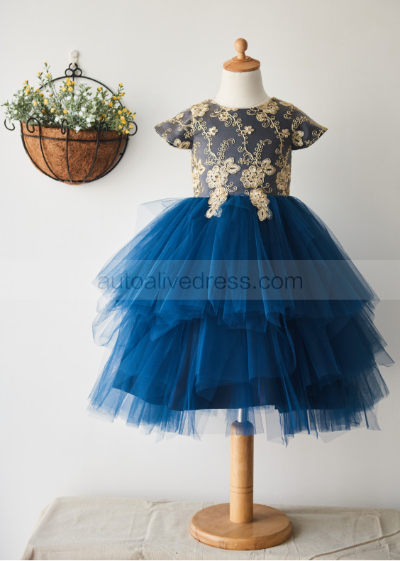 Tutu Cap Sleeves Gold Lace Navy Blue Tulle Tea Length Flower Girl Dress