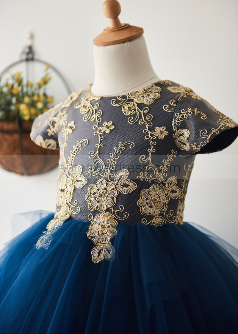 Tutu Cap Sleeves Gold Lace Navy Blue Tulle Tea Length Flower Girl