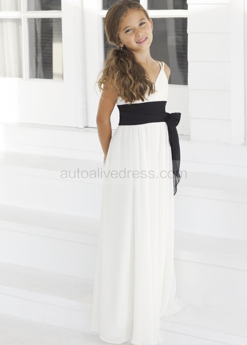 A-line Double Straps Ivory Chiffon Junior Bridesmaid Dress With Black Sash A-line Double Straps Ivory Chiffon Junior Bridesmaid Dress With Black Sash