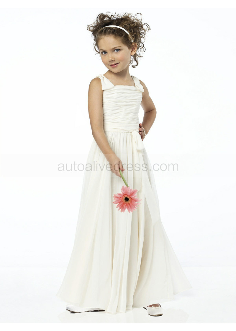 Slim Ivory Pleated Chiffon Ankle Length Junior Bridesmaid Dress With Bows