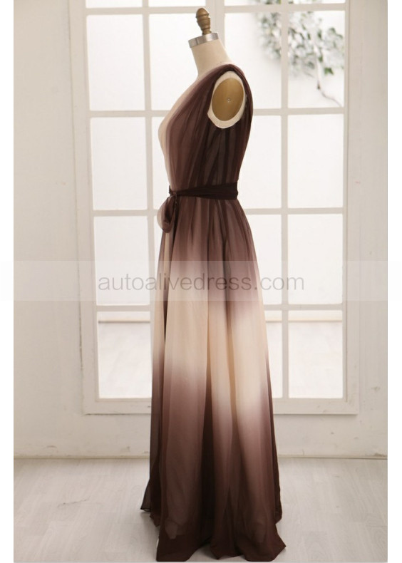 Ombre One Shoulder Coffee/brown Ivory Chiffon Prom Dress