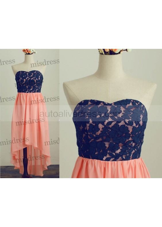 Strapless Navy Blue Lace Coral Chiffon High Low Prom Dress Strapless Navy Blue Lace Coral Chiffon High Low Prom Dress
