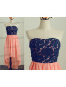 Strapless Navy Blue Lace Coral Chiffon High Low Prom Dress Strapless Navy Blue Lace Coral Chiffon High Low Prom Dress