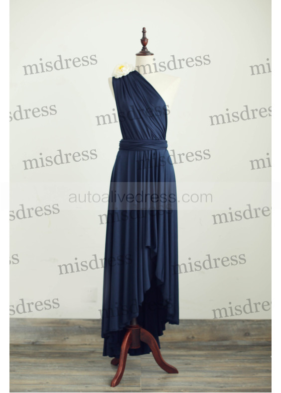 One Shoulder Navy Blue  Jersey Convertible Hi Low Bridesmaid Dress