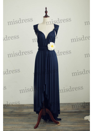 Navy Blue Jersey Convertible High Low Bridesmaid Dress