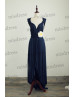 Navy Blue Jersey Convertible V Cut Hi Low Bridesmaid Dress