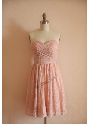 Strapless Sweetheart Dusty Pink Pleated Lace Short Bridesmaid Dress