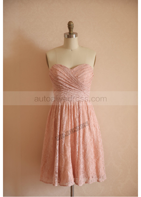 Strapless Sweetheart Dusty Pink Pleated Lace Short Bridesmaid Dress