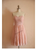 Strapless Sweetheart Dusty Pink Pleated Lace Short Bridesmaid Dress