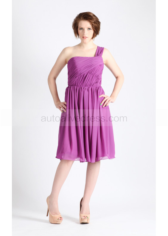 One Shoulder Purple Pleats Chiffon Short Bridesmaid Dress