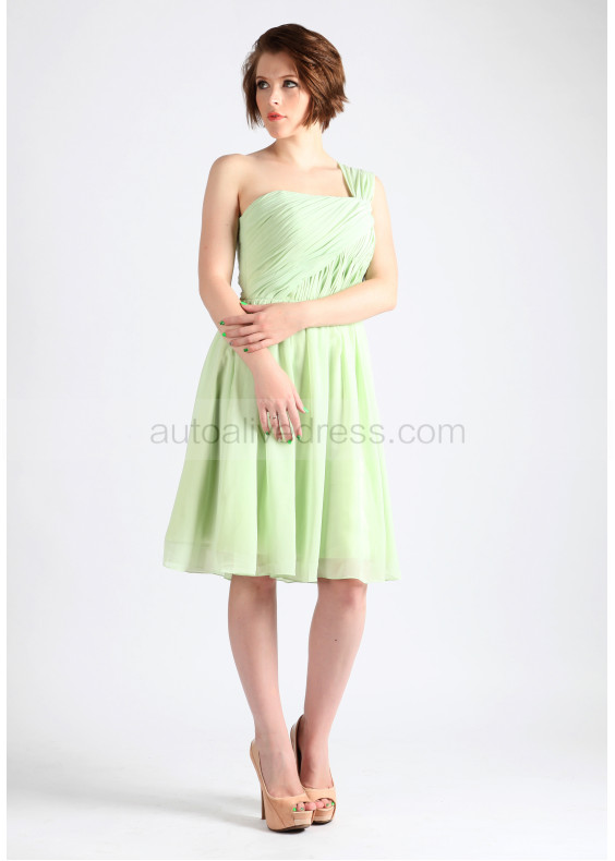 One Shoulder Light Green Pleats Chiffon Short Prom Dress