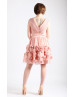 V Neck Rose Pink Chiffon 3D Flowers Short Bridesmaid Dress