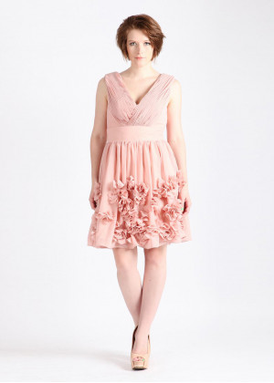 V Neck Rose Pink Chiffon 3D Flowers Short Bridesmaid Dress
