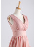 V Neck Rose Pink Chiffon 3D Flowers Short Bridesmaid Dress