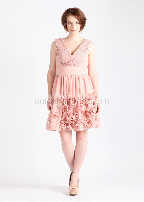 V Neck Rose Pink Chiffon 3D Flowers Short Bridesmaid Dress