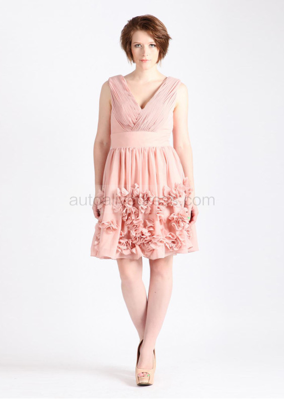 Rose Pink Deep V Pleats Chiffon Knee Length Bridesmaid Dress