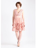 V Neck Rose Pink Chiffon 3D Flowers Short Bridesmaid Dress